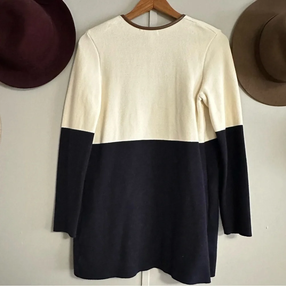 Charter Club Milano white navy faux leather open knit sweater cardigan jacket